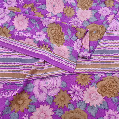 Indian Vintage Sari Purple Pure Crepe Silk Printed Saree 5yard Sewing Quilting Floral Soft Craft Fabric Wrap