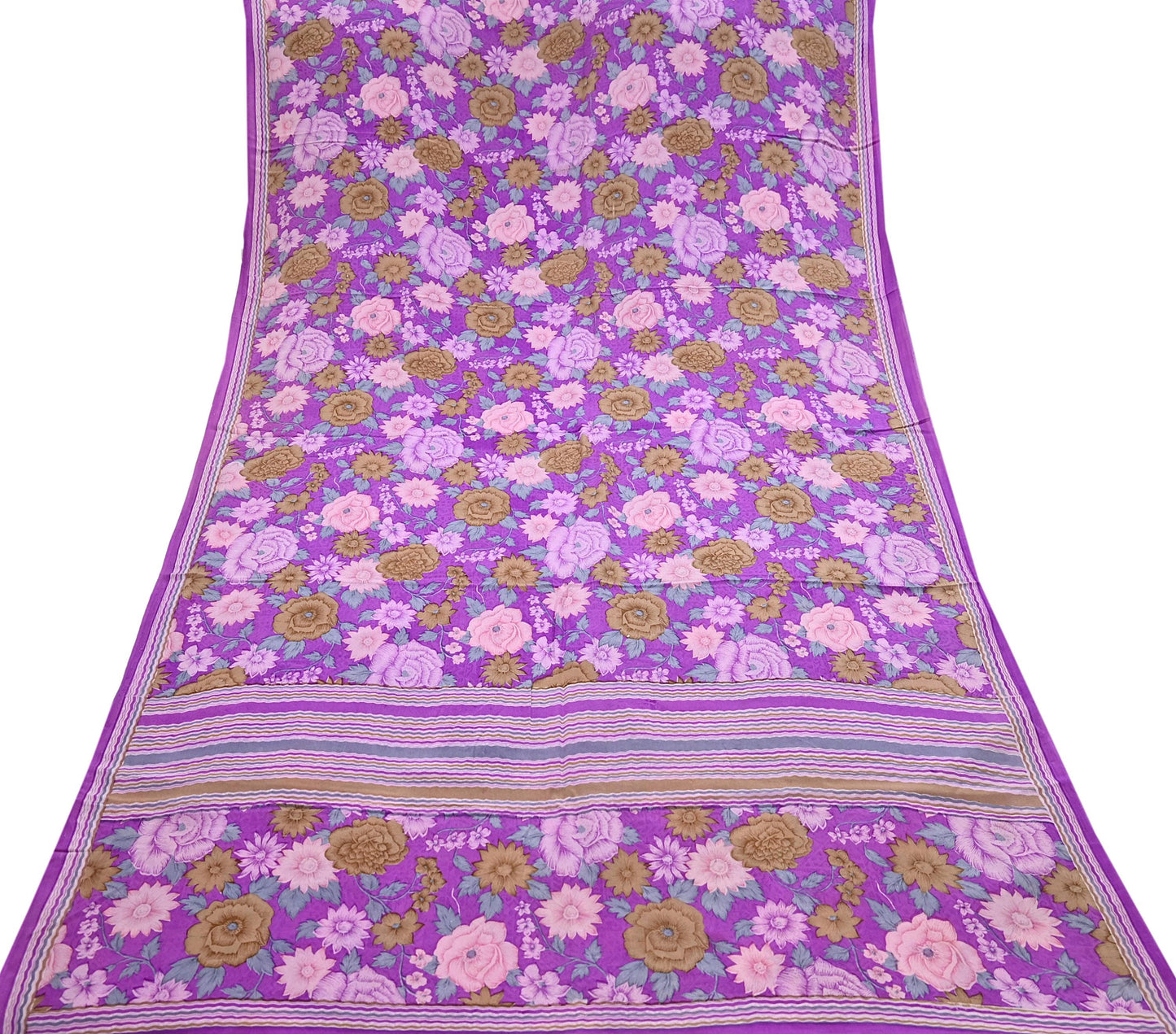 Indian Vintage Sari Purple Pure Crepe Silk Printed Saree 5yard Sewing Quilting Floral Soft Craft Fabric Wrap