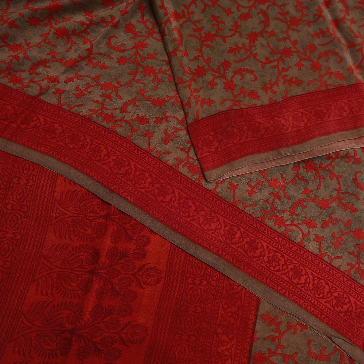 Indian Vintage Sari Brown & Orange Pure Crepe Silk Printed Saree 5yard Sewing Rose Flower Soft Craft Fabric Wrap