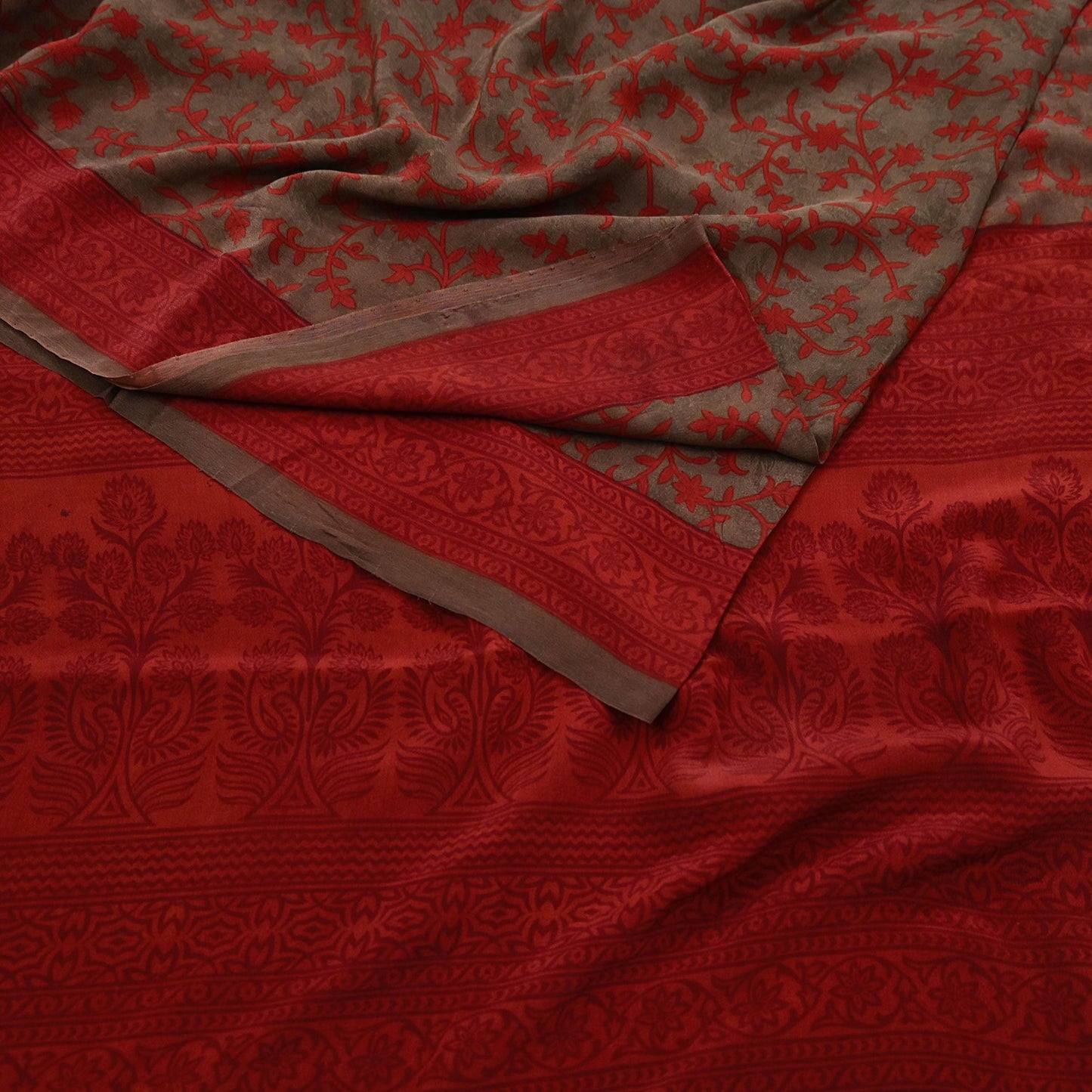 Indian Vintage Sari Brown & Orange Pure Crepe Silk Printed Saree 5yard Sewing Rose Flower Soft Craft Fabric Wrap