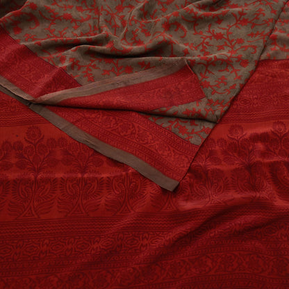 Indian Vintage Sari Brown & Orange Pure Crepe Silk Printed Saree 5yard Sewing Rose Flower Soft Craft Fabric Wrap