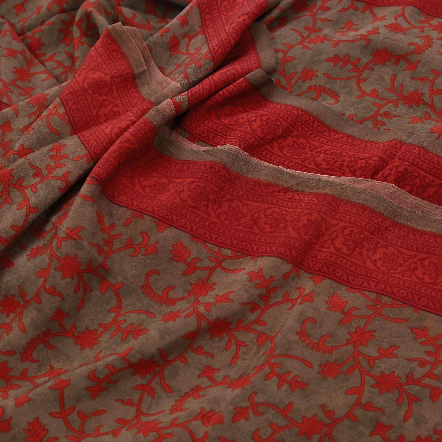 Indian Vintage Sari Brown & Orange Pure Crepe Silk Printed Saree 5yard Sewing Rose Flower Soft Craft Fabric Wrap