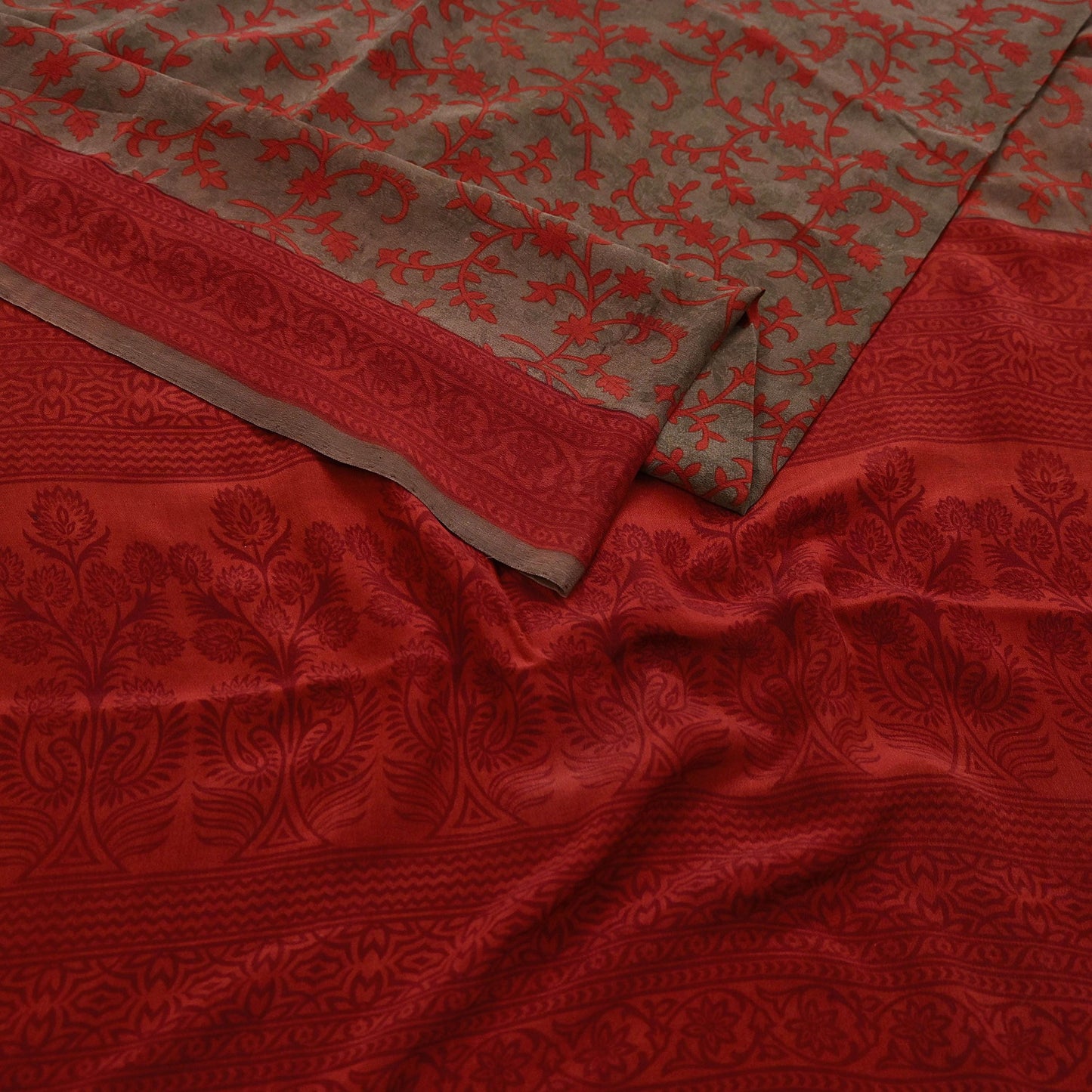 Indian Vintage Sari Brown & Orange Pure Crepe Silk Printed Saree 5yard Sewing Rose Flower Soft Craft Fabric Wrap