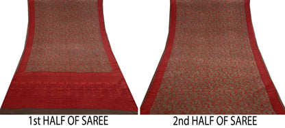 Indian Vintage Sari Brown & Orange Pure Crepe Silk Printed Saree 5yard Sewing Rose Flower Soft Craft Fabric Wrap