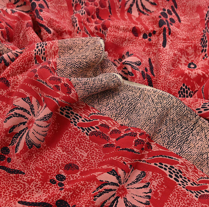 Indian Vintage Sari Black, peach & Red Pure Crepe Silk Printed Saree 5yard Sewing Soft Craft Fabric Wrap