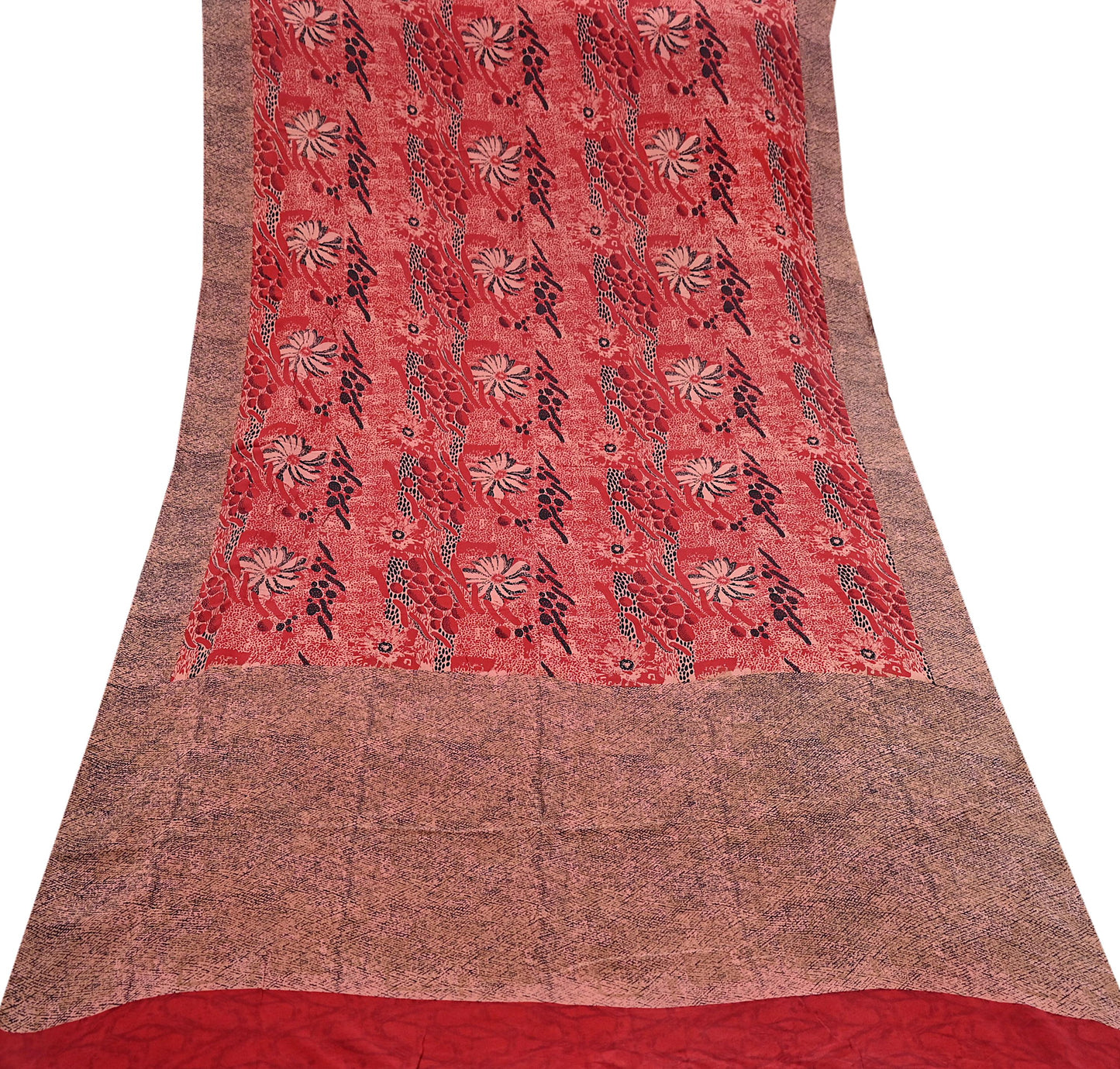Indian Vintage Sari Black, peach & Red Pure Crepe Silk Printed Saree 5yard Sewing Soft Craft Fabric Wrap