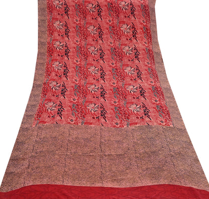 Indian Vintage Sari Black, peach & Red Pure Crepe Silk Printed Saree 5yard Sewing Soft Craft Fabric Wrap