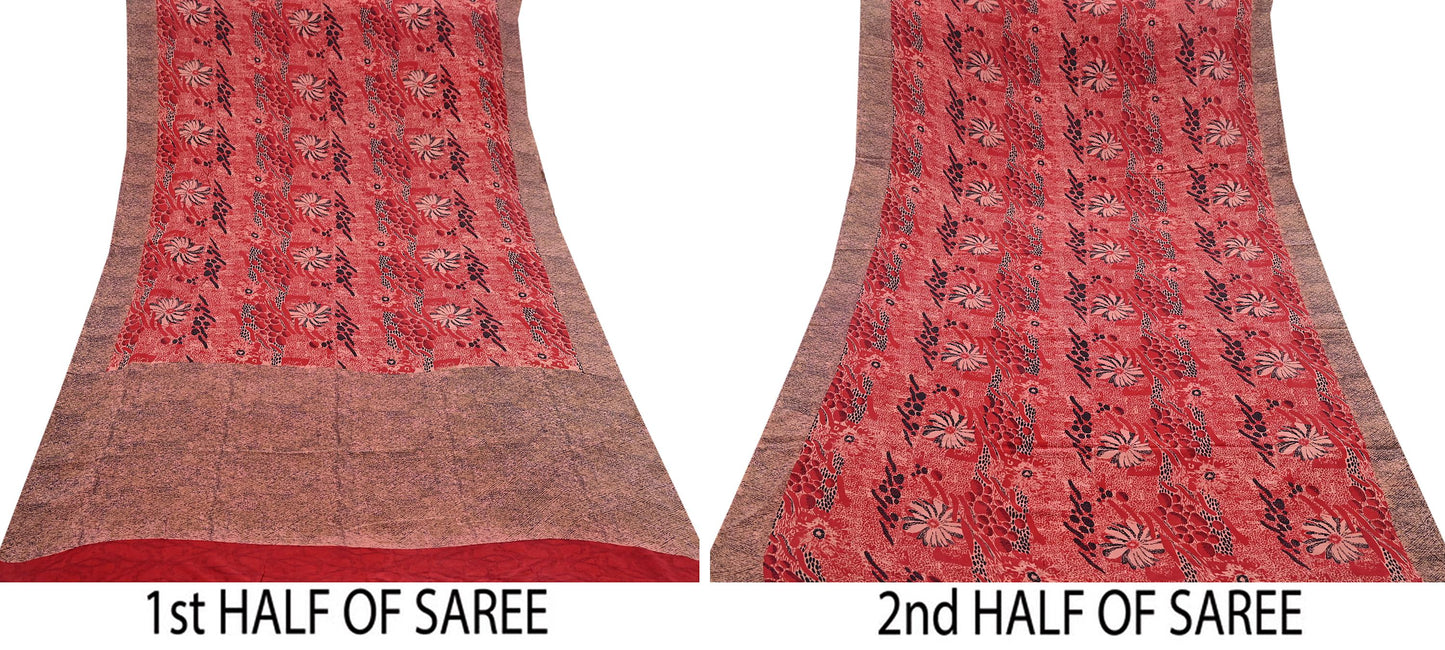 Indian Vintage Sari Black, peach & Red Pure Crepe Silk Printed Saree 5yard Sewing Soft Craft Fabric Wrap