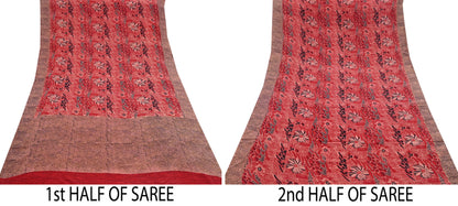 Indian Vintage Sari Black, peach & Red Pure Crepe Silk Printed Saree 5yard Sewing Soft Craft Fabric Wrap