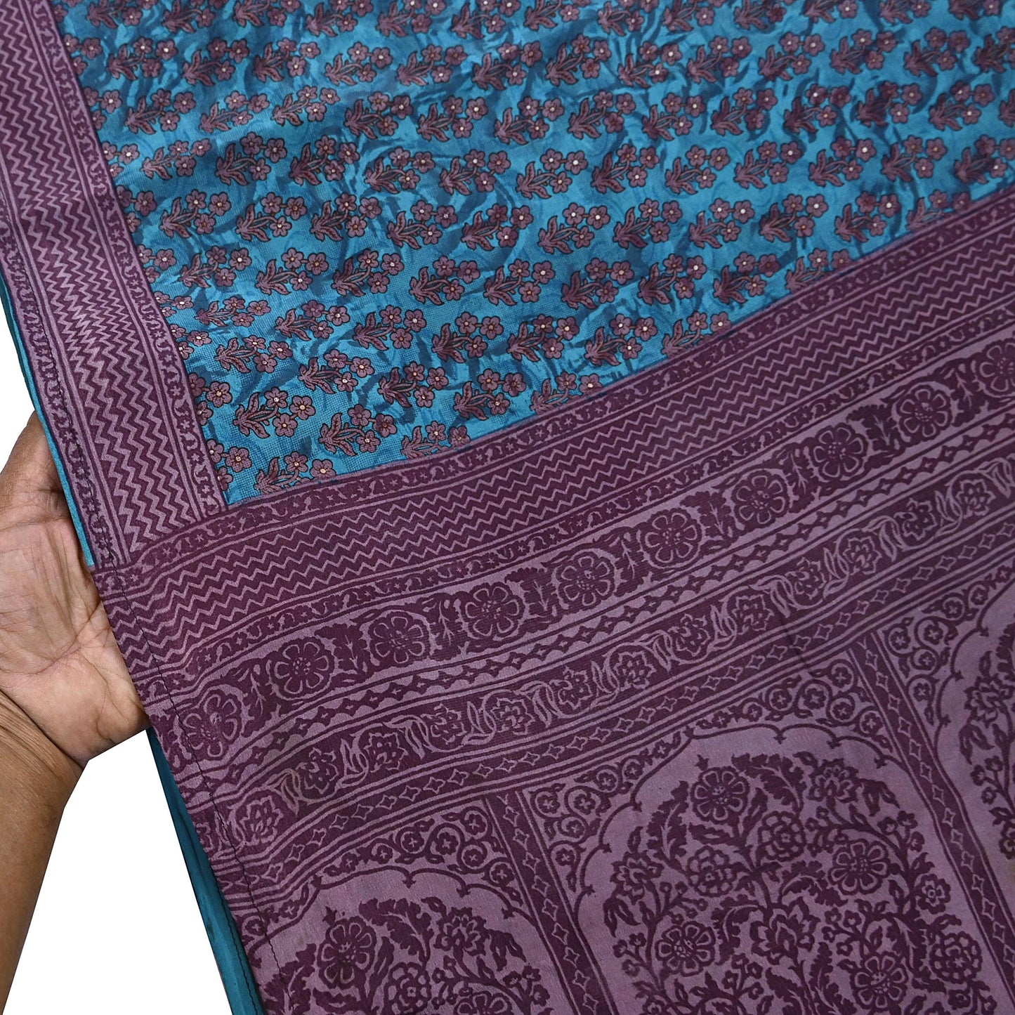 Indian Vintage Sari Blue Pure Crepe Silk Printed Saree 5yard Sewing Quilting Floral Soft Craft Fabric Wrap