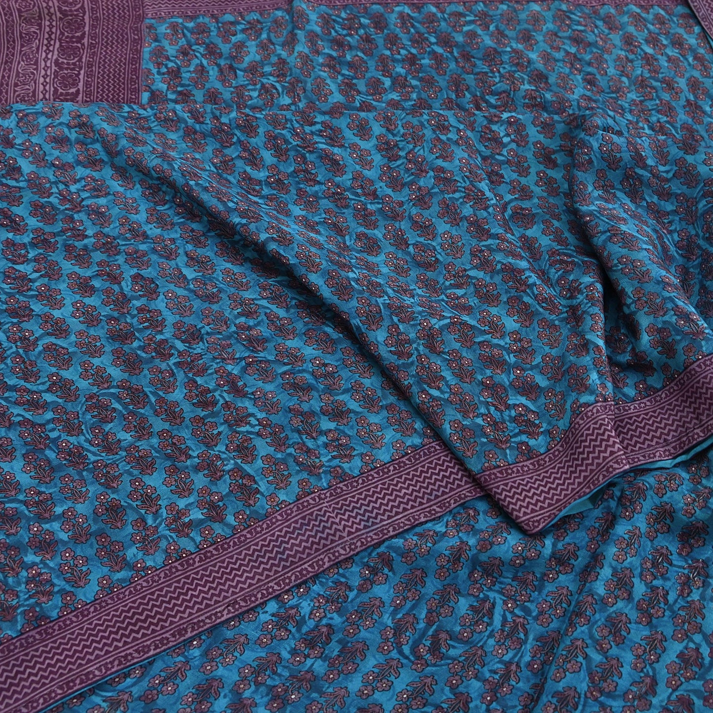 Indian Vintage Sari Blue Pure Crepe Silk Printed Saree 5yard Sewing Quilting Floral Soft Craft Fabric Wrap