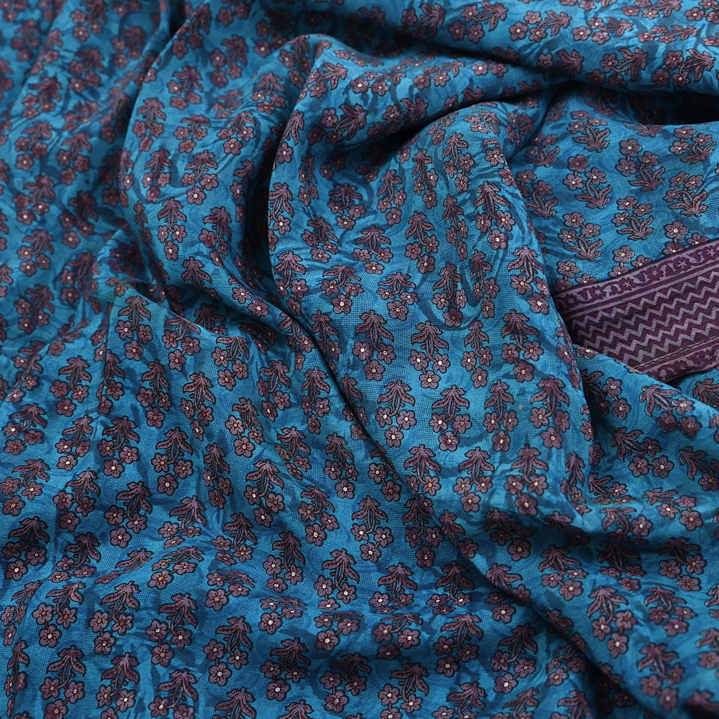 Indian Vintage Sari Blue Pure Crepe Silk Printed Saree 5yard Sewing Quilting Floral Soft Craft Fabric Wrap