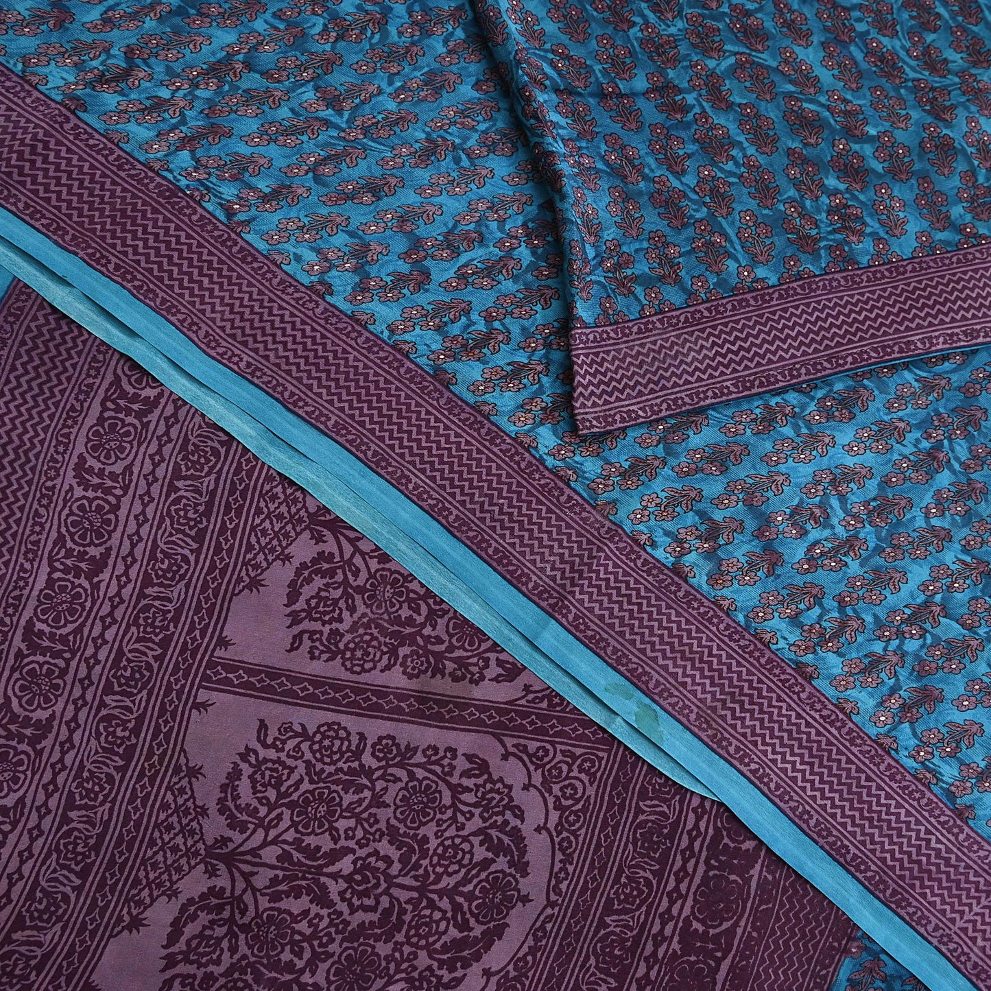 Indian Vintage Sari Blue Pure Crepe Silk Printed Saree 5yard Sewing Quilting Floral Soft Craft Fabric Wrap