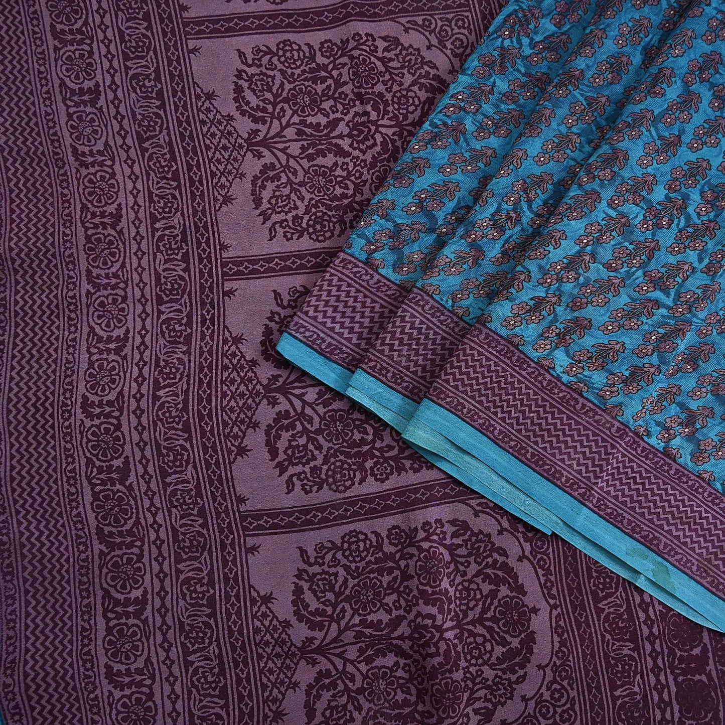 Indian Vintage Sari Blue Pure Crepe Silk Printed Saree 5yard Sewing Quilting Floral Soft Craft Fabric Wrap