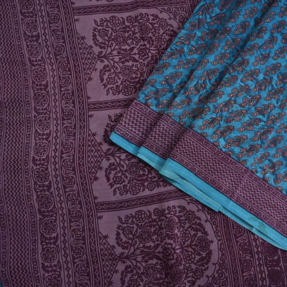 Indian Vintage Sari Blue Pure Crepe Silk Printed Saree 5yard Sewing Quilting Floral Soft Craft Fabric Wrap
