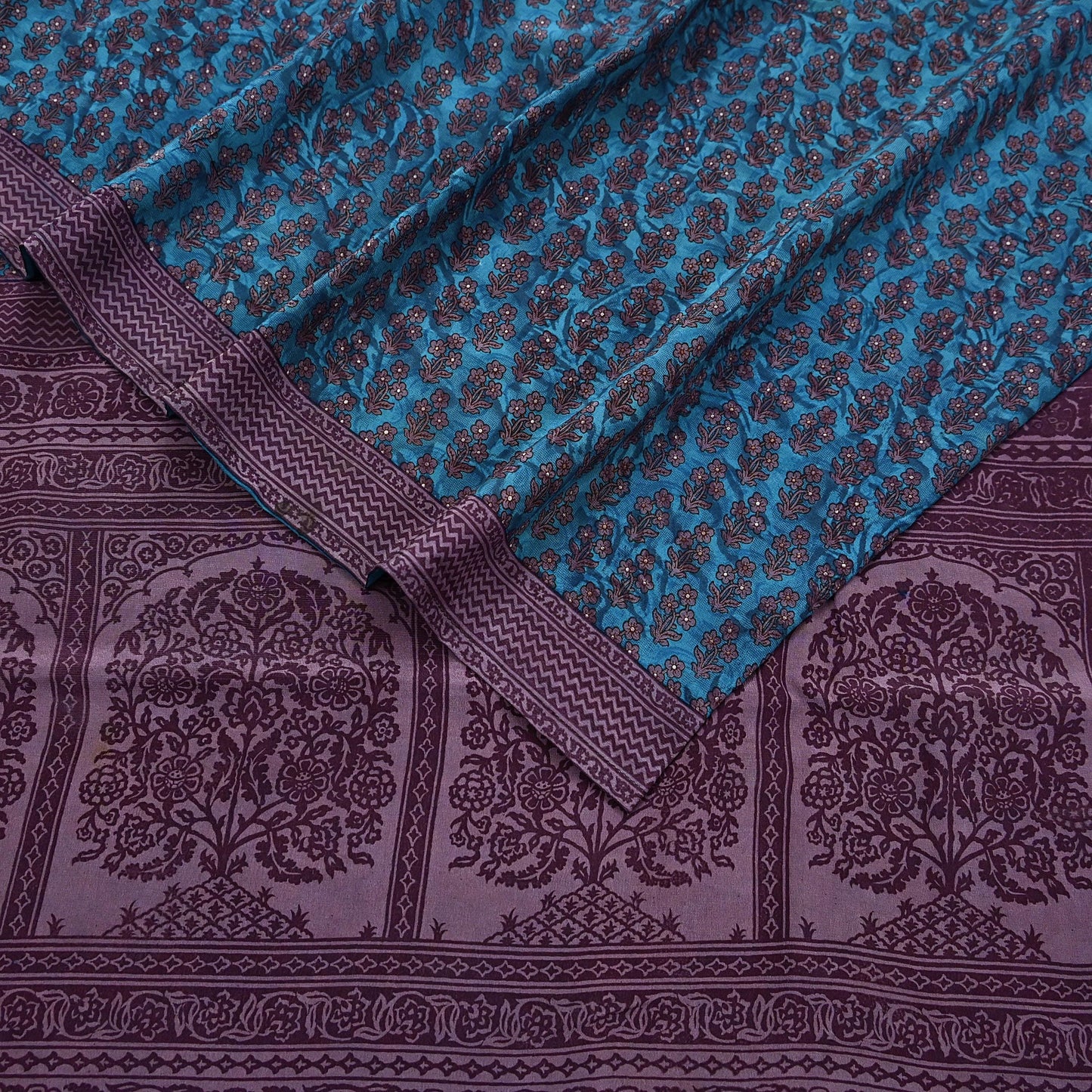 Indian Vintage Sari Blue Pure Crepe Silk Printed Saree 5yard Sewing Quilting Floral Soft Craft Fabric Wrap