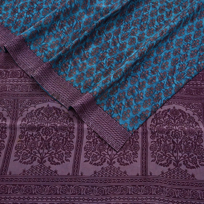 Indian Vintage Sari Blue Pure Crepe Silk Printed Saree 5yard Sewing Quilting Floral Soft Craft Fabric Wrap