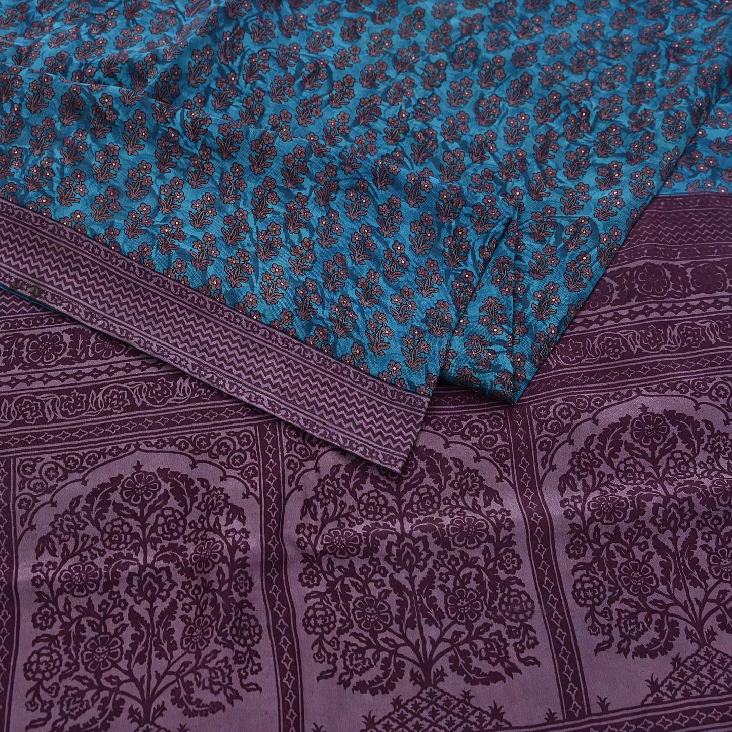 Indian Vintage Sari Blue Pure Crepe Silk Printed Saree 5yard Sewing Quilting Floral Soft Craft Fabric Wrap