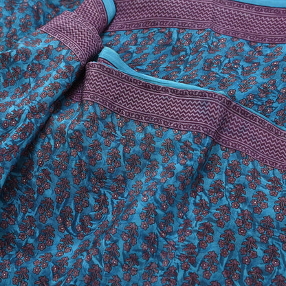 Indian Vintage Sari Blue Pure Crepe Silk Printed Saree 5yard Sewing Quilting Floral Soft Craft Fabric Wrap