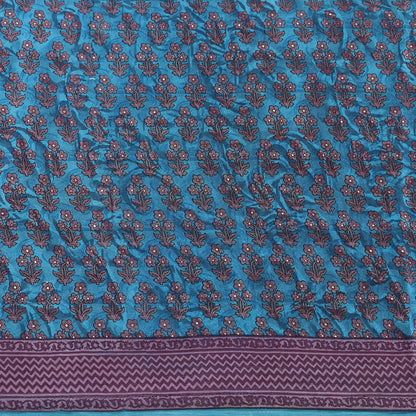 Indian Vintage Sari Blue Pure Crepe Silk Printed Saree 5yard Sewing Quilting Floral Soft Craft Fabric Wrap