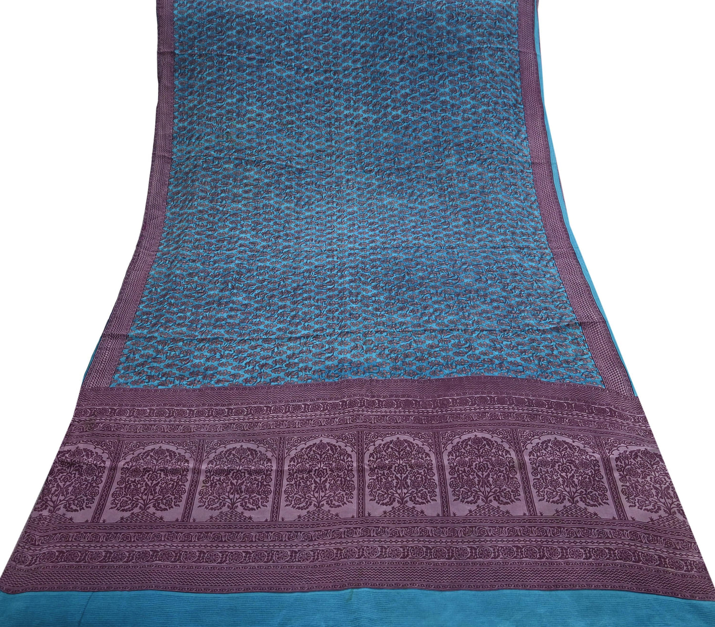 Indian Vintage Sari Blue Pure Crepe Silk Printed Saree 5yard Sewing Quilting Floral Soft Craft Fabric Wrap