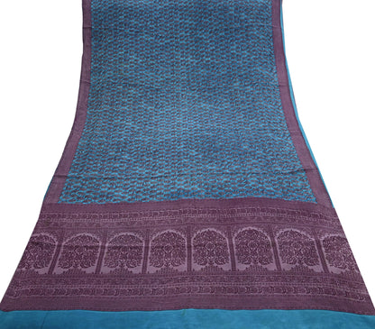 Indian Vintage Sari Blue Pure Crepe Silk Printed Saree 5yard Sewing Quilting Floral Soft Craft Fabric Wrap