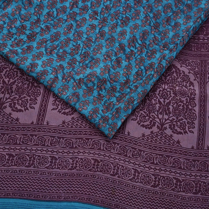 Indian Vintage Sari Blue Pure Crepe Silk Printed Saree 5yard Sewing Quilting Floral Soft Craft Fabric Wrap