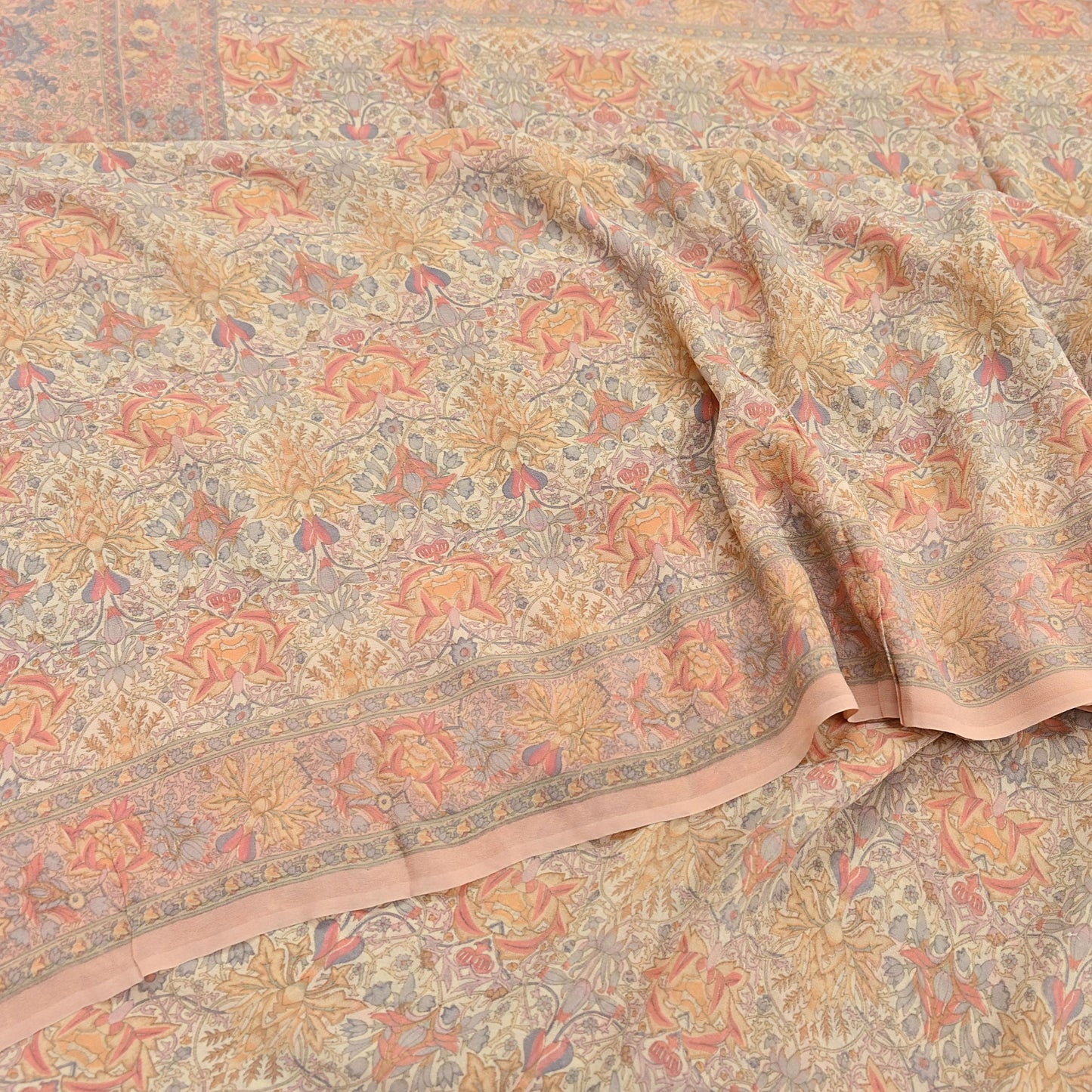 Indian Vintage Beige & Peach Saree Pure Georgette Silk Printed Sari Craft Fabric Sewing 5Yard Soft Light Dress Making Floral