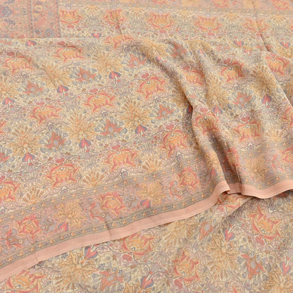 Indian Vintage Beige & Peach Saree Pure Georgette Silk Printed Sari Craft Fabric Sewing 5Yard Soft Light Dress Making Floral