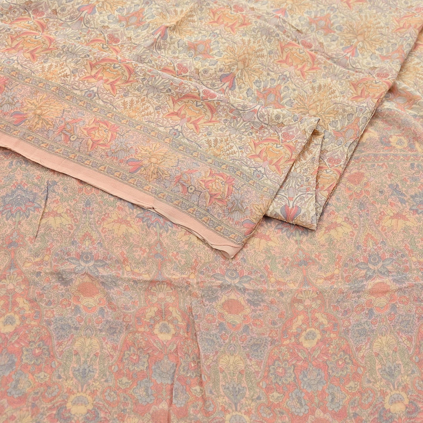 Indian Vintage Beige & Peach Saree Pure Georgette Silk Printed Sari Craft Fabric Sewing 5Yard Soft Light Dress Making Floral