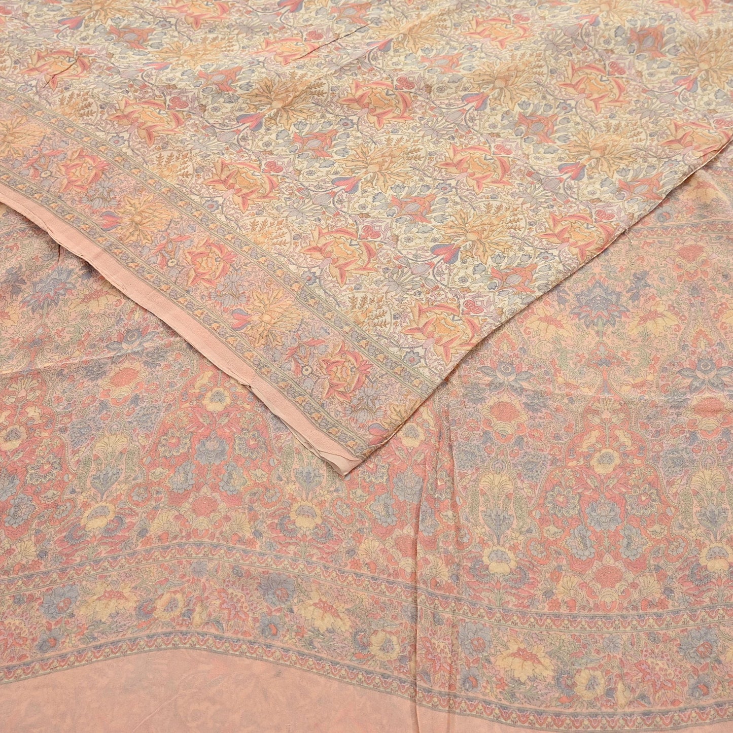 Indian Vintage Beige & Peach Saree Pure Georgette Silk Printed Sari Craft Fabric Sewing 5Yard Soft Light Dress Making Floral