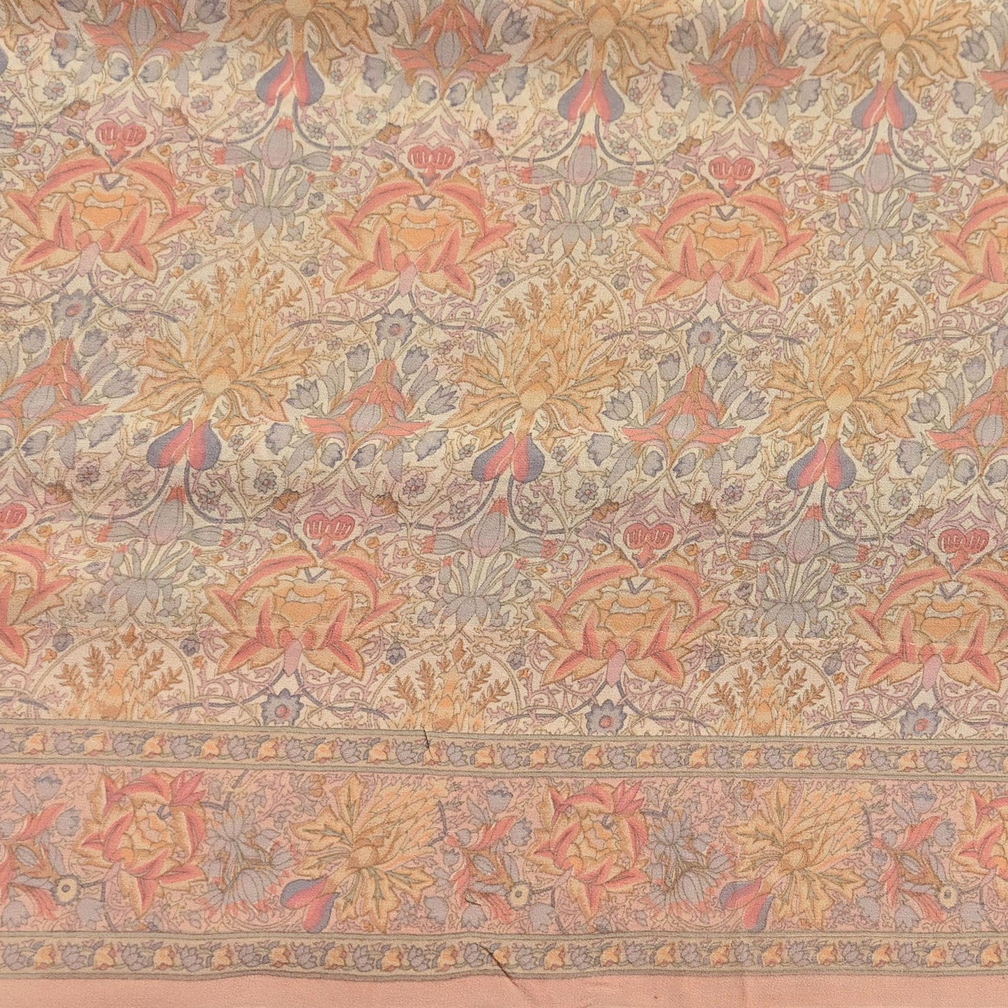 Indian Vintage Beige & Peach Saree Pure Georgette Silk Printed Sari Craft Fabric Sewing 5Yard Soft Light Dress Making Floral