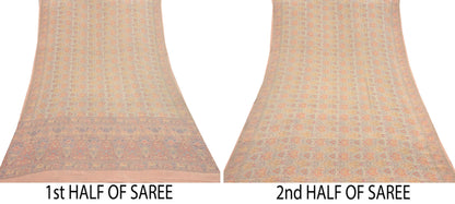 Indian Vintage Beige & Peach Saree Pure Georgette Silk Printed Sari Craft Fabric Sewing 5Yard Soft Light Dress Making Floral
