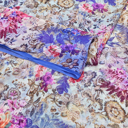 Women Vintage Sari Blue & ivory Pure Georgette Silk Digital Printed Saree Craft Fabric Sewing 5Yd Light Dress Making Geometric Crafting