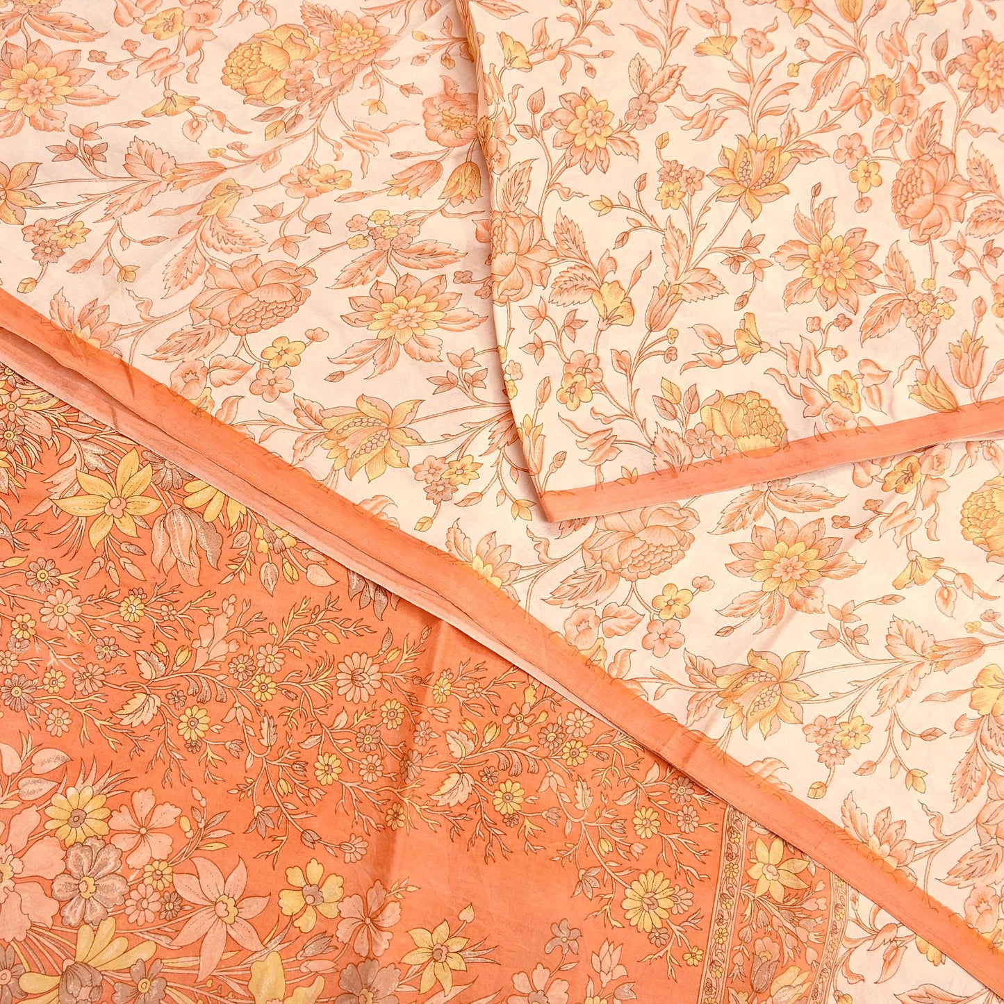 Indian Vintage Sari beige & orange 100% Pure Silk Printed Sarees 6yd Craft Fabric Sewing Soft Dress Making Floral Quilting Crafting Upcycle