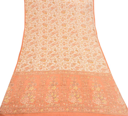 Indian Vintage Sari beige & orange 100% Pure Silk Printed Sarees 6yd Craft Fabric Sewing Soft Dress Making Floral Quilting Crafting Upcycle