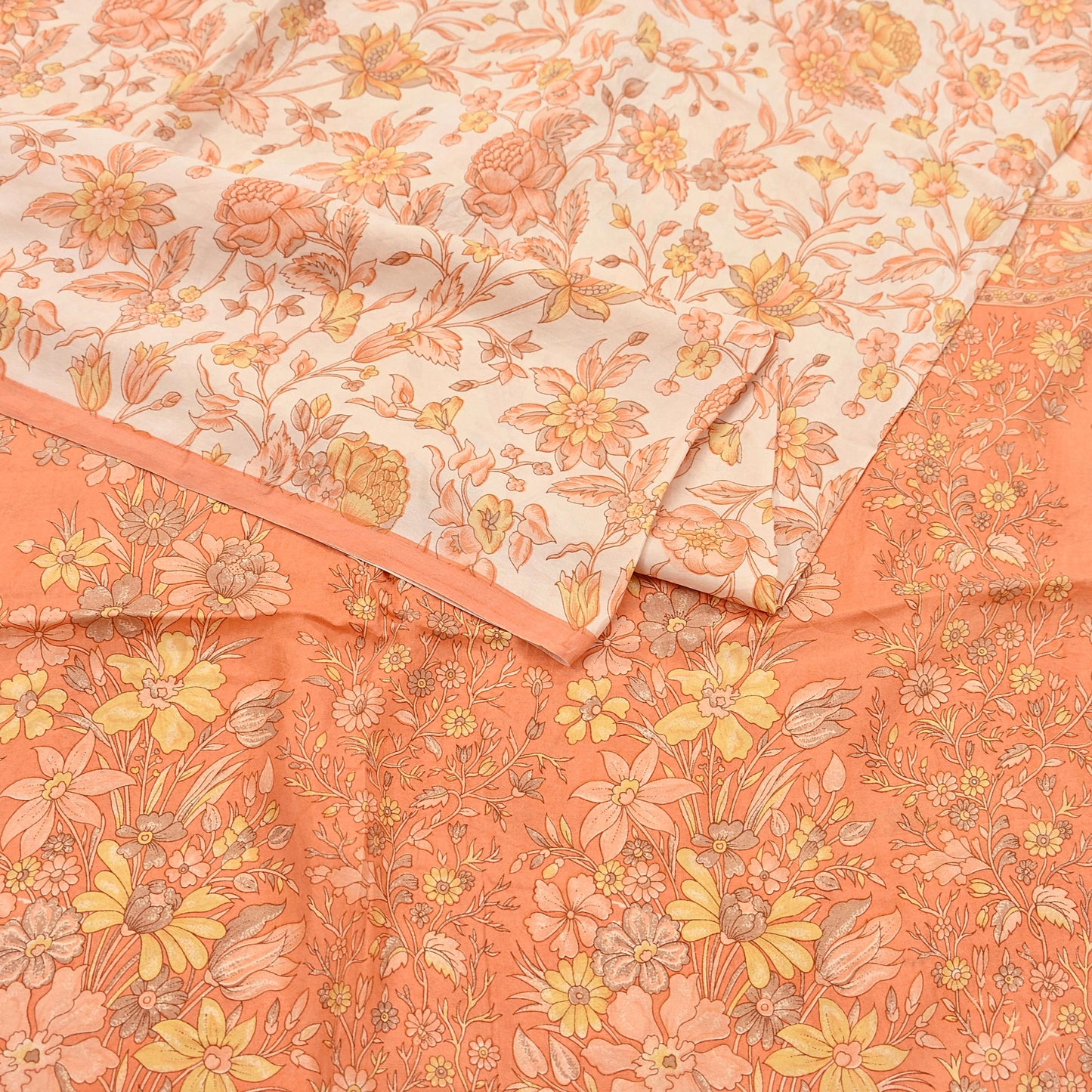 Indian Vintage Sari beige & orange 100% Pure Silk Printed Sarees 6yd Craft Fabric Sewing Soft Dress Making Floral Quilting Crafting Upcycle