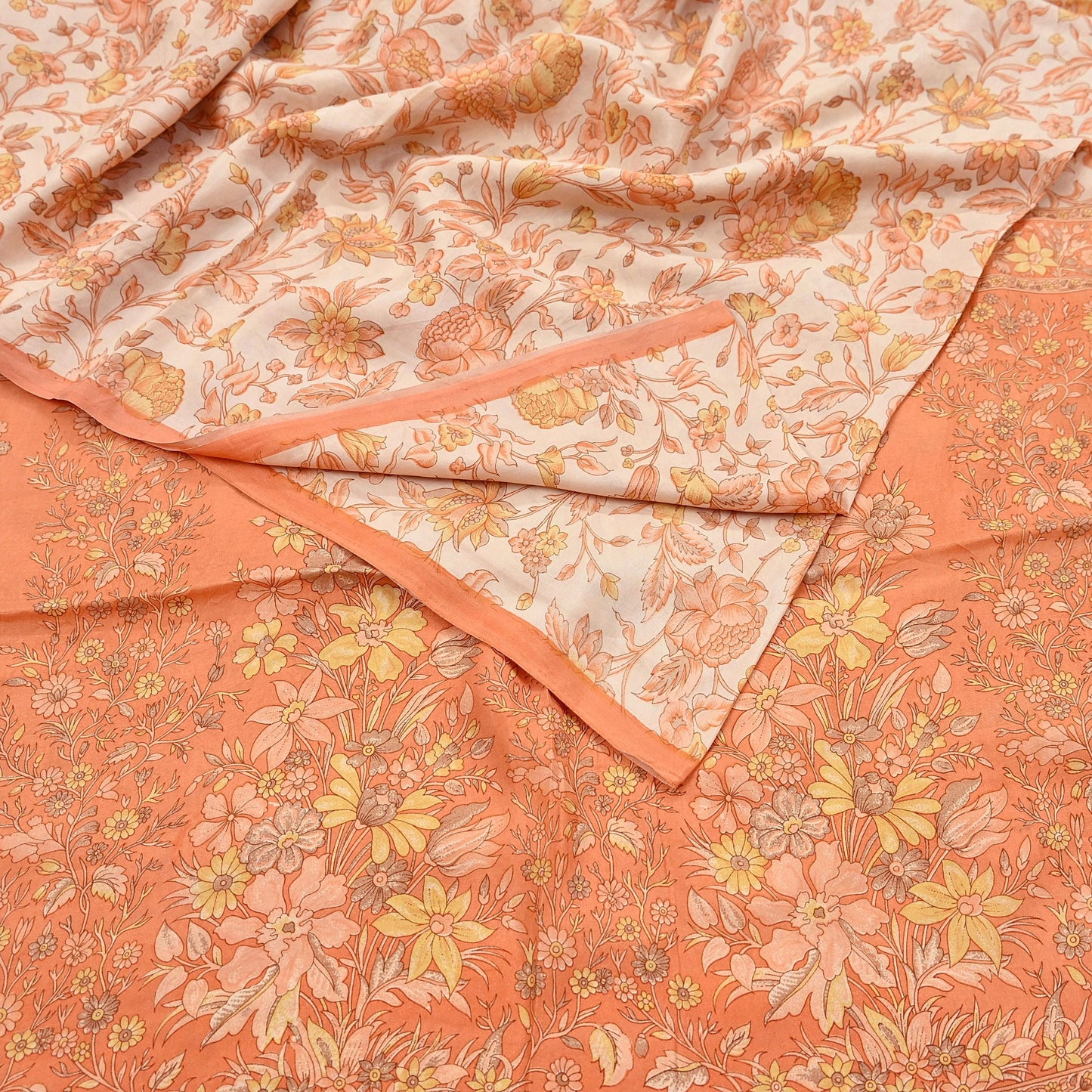 Indian Vintage Sari beige & orange 100% Pure Silk Printed Sarees 6yd Craft Fabric Sewing Soft Dress Making Floral Quilting Crafting Upcycle