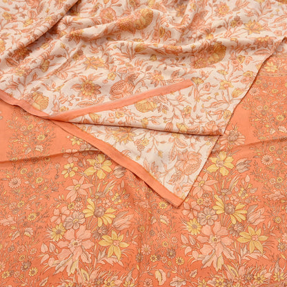 Indian Vintage Sari beige & orange 100% Pure Silk Printed Sarees 6yd Craft Fabric Sewing Soft Dress Making Floral Quilting Crafting Upcycle