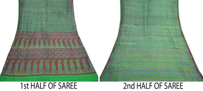 Indian Vintage Sari Green 100% Pure Silk Printed Saree Craft Fabric 6yd Sewing Dress Making Soft Wrap Quilting Crafting Upcycle