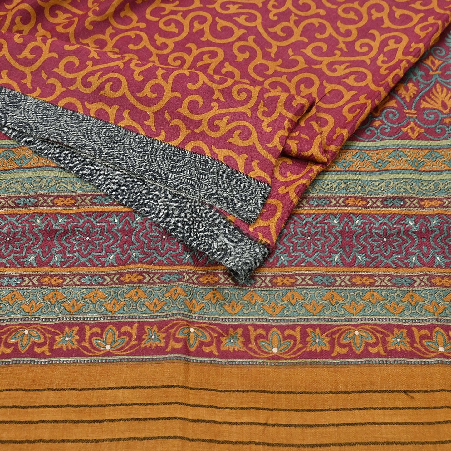 Vintage Maroon mustard Wool Saree Indian Pure Wool Floral Woven Fabric 6 Yard Soft Warm Craft Material for Winter Dressmaking & Sewing