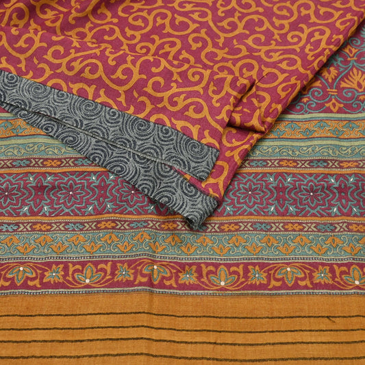 Vintage Maroon mustard Wool Saree Indian Pure Wool Floral Woven Fabric 6 Yard Soft Warm Craft Material for Winter Dressmaking & Sewing
