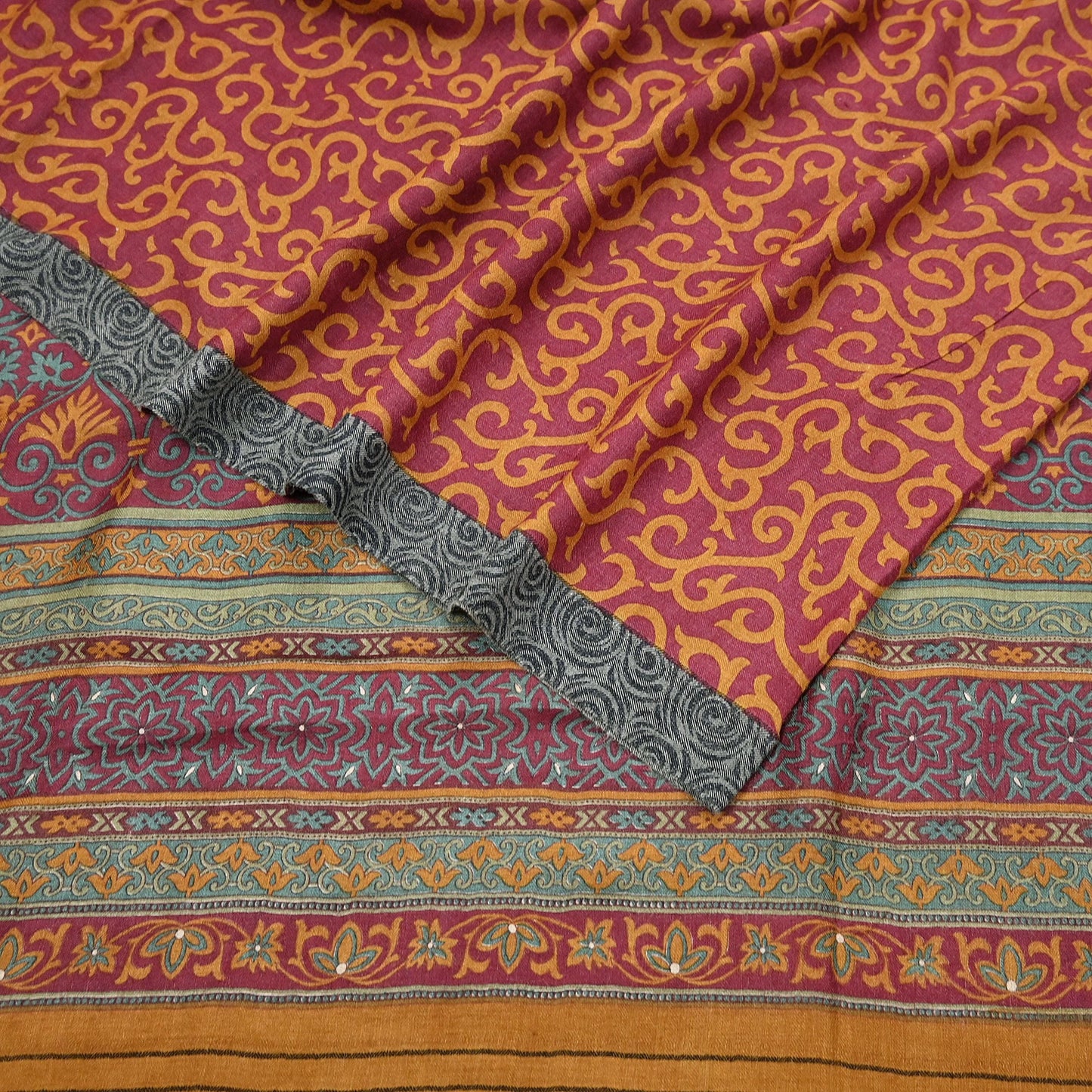 Vintage Maroon mustard Wool Saree Indian Pure Wool Floral Woven Fabric 6 Yard Soft Warm Craft Material for Winter Dressmaking & Sewing