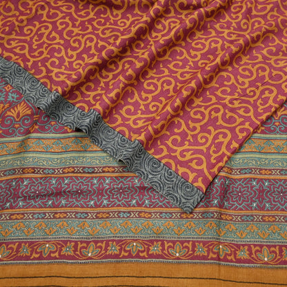 Vintage Maroon mustard Wool Saree Indian Pure Wool Floral Woven Fabric 6 Yard Soft Warm Craft Material for Winter Dressmaking & Sewing