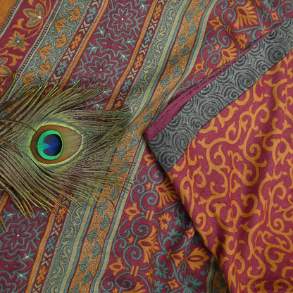Vintage Maroon mustard Wool Saree Indian Pure Wool Floral Woven Fabric 6 Yard Soft Warm Craft Material for Winter Dressmaking & Sewing
