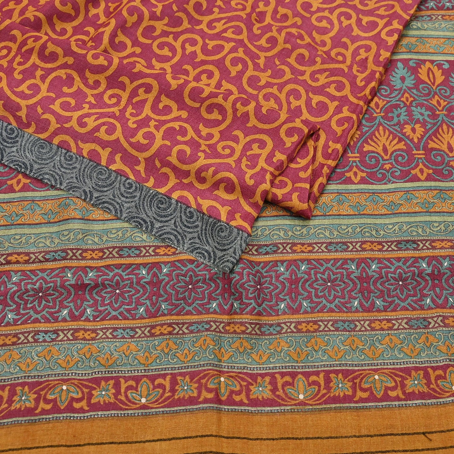 Vintage Maroon mustard Wool Saree Indian Pure Wool Floral Woven Fabric 6 Yard Soft Warm Craft Material for Winter Dressmaking & Sewing