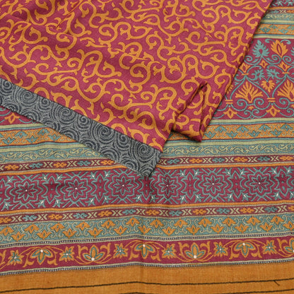 Vintage Maroon mustard Wool Saree Indian Pure Wool Floral Woven Fabric 6 Yard Soft Warm Craft Material for Winter Dressmaking & Sewing