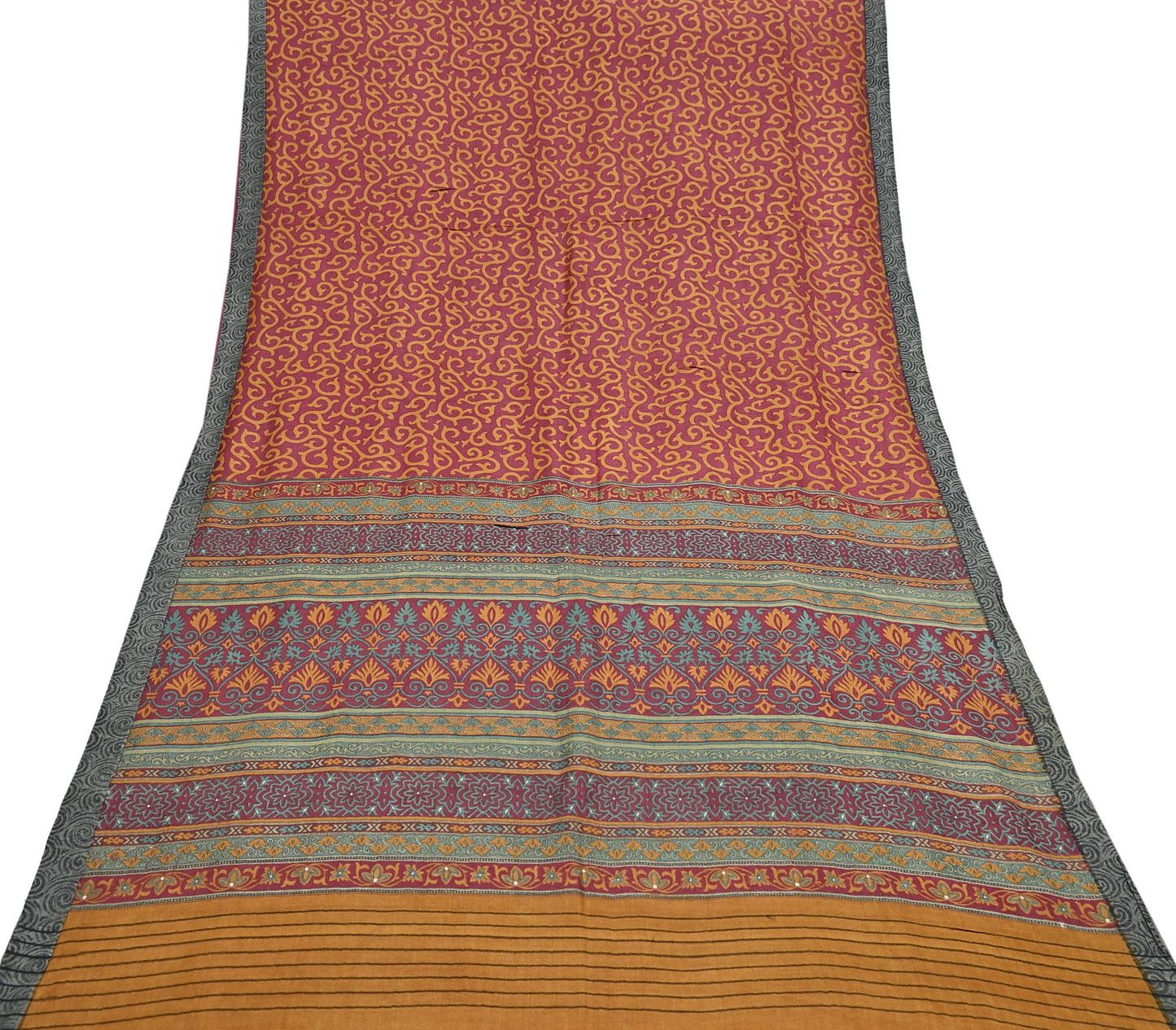 Vintage Maroon mustard Wool Saree Indian Pure Wool Floral Woven Fabric 6 Yard Soft Warm Craft Material for Winter Dressmaking & Sewing