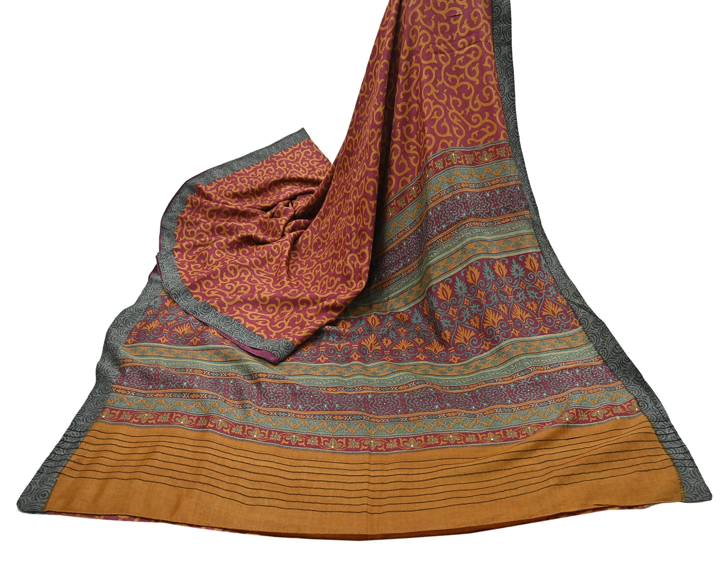 Vintage Maroon mustard Wool Saree Indian Pure Wool Floral Woven Fabric 6 Yard Soft Warm Craft Material for Winter Dressmaking & Sewing