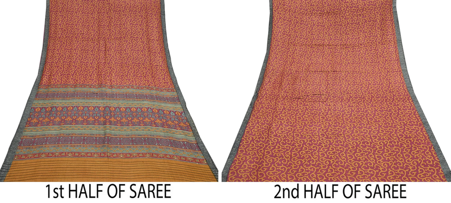 Vintage Maroon mustard Wool Saree Indian Pure Wool Floral Woven Fabric 6 Yard Soft Warm Craft Material for Winter Dressmaking & Sewing